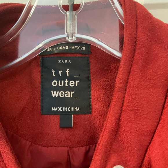 Zara Trafaluc red faux suede biker jacket, multiple zippers, belted waist. Sz S - Picture 5 of 13